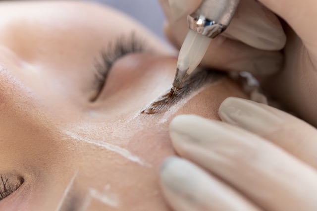 Macro shot of individual hair-stroke microblading technique