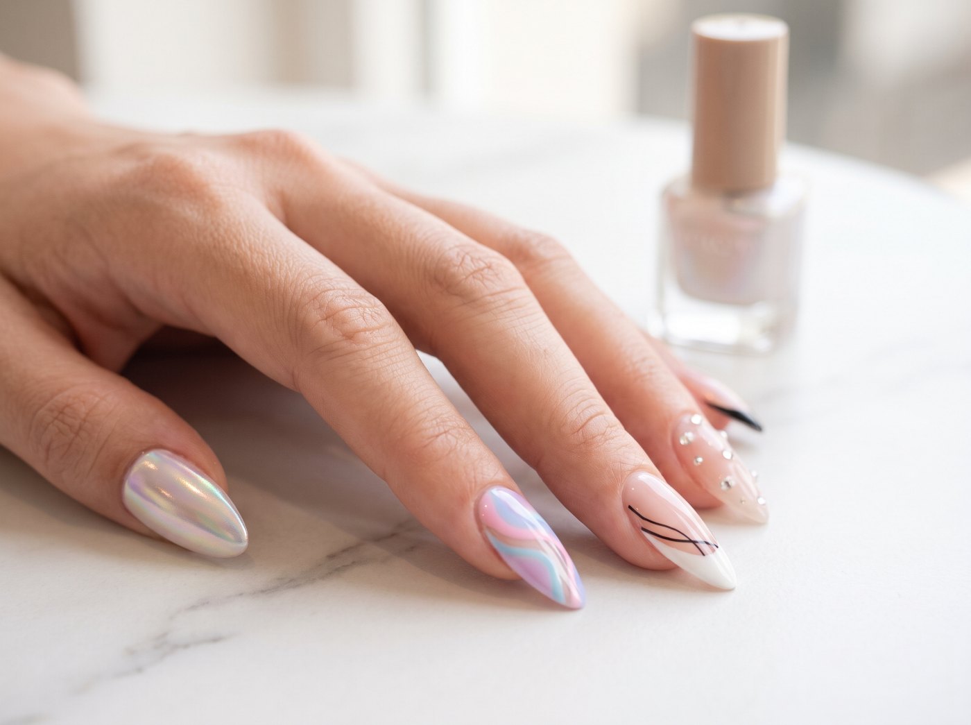 Long almond gel extensions with French tip line art, crystal stones, pastel swirls and aurora chrome, Uluwatu Bali