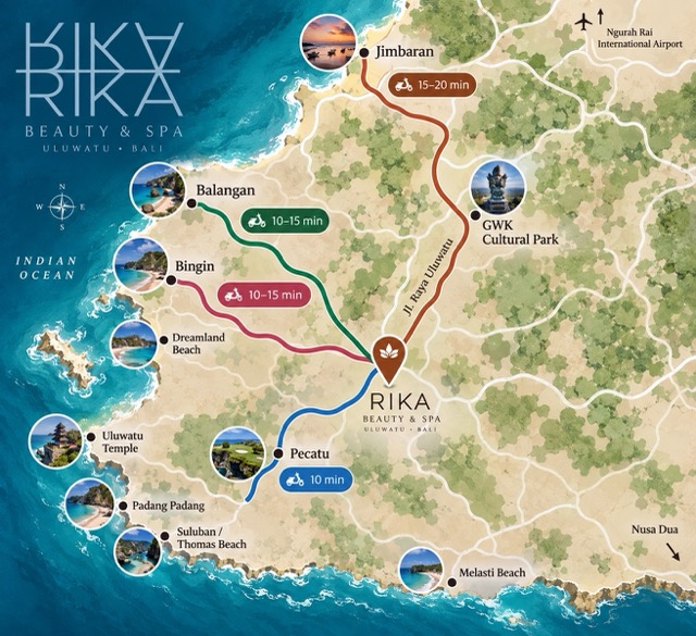 RIKA Beauty & Spa Uluwatu location map with routes from Bingin, Balangan, Pecatu and Jimbaran
